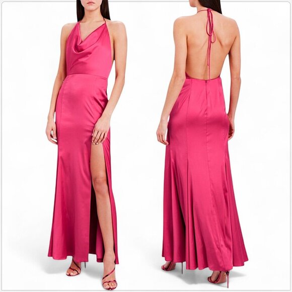 Fame and Partners Fortitude Hot Pink Satin Cowl Neck Halter Maxi Dress NWT 2 4 - Picture 1 of 7